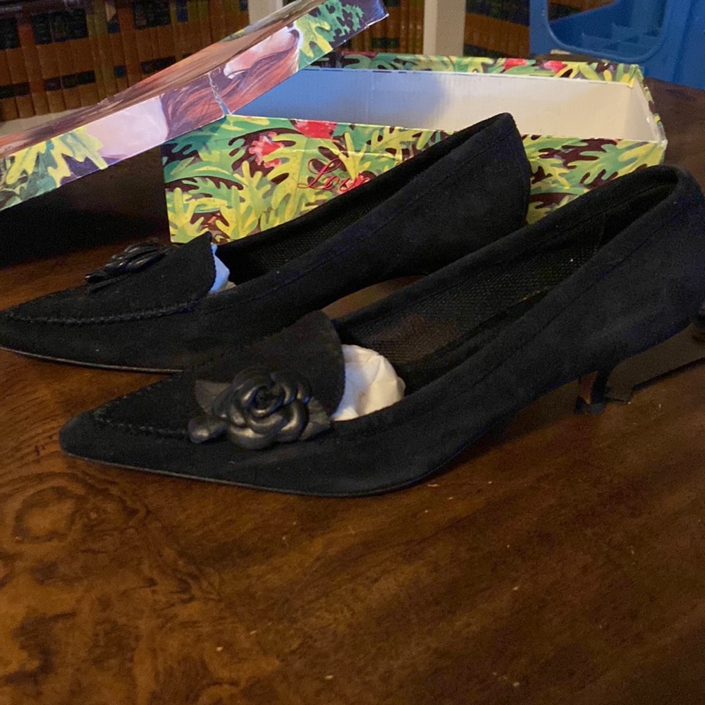 Black suede kitten heels with pointed toes by Beverly Feldman